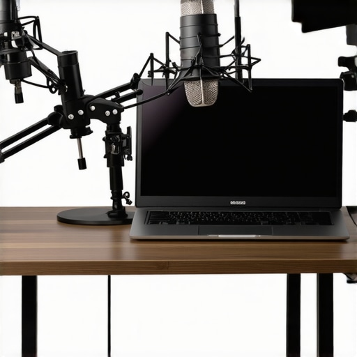 Professional Creator Laptop Maintenance Setup High-end laptop on a cooling stand in a professional studio environment