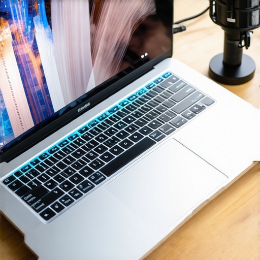 Professional Creator Laptop Maintenance Setup High-end creator laptop on a cooling pad with studio equipment