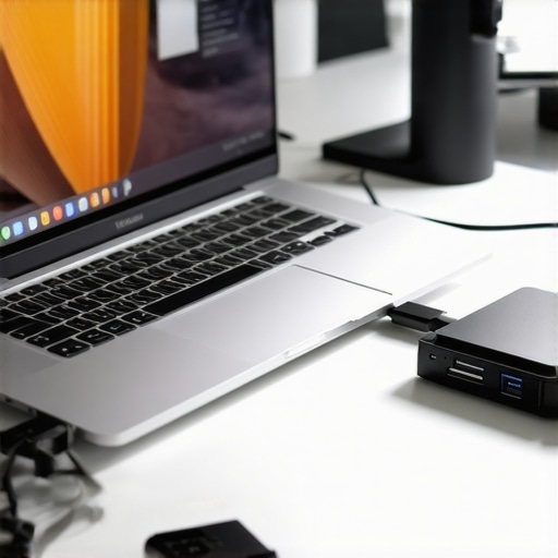 A clean and organized creator workspace showing a laptop on a stand with maintenance tools and external storage