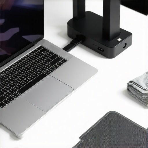 A clean studio workspace showing a creator laptop with external hardware and maintenance tools.