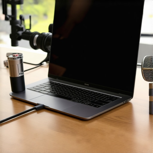 Professional Creator Laptop Maintenance and External SSD Setup A well-maintained creator laptop with external storage and podcasting tools on a clean desk.
