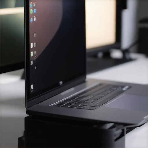 Professional Creator Laptop Maintenance and Port Setup A high-end creator laptop connected to a Thunderbolt dock on a clean desk.