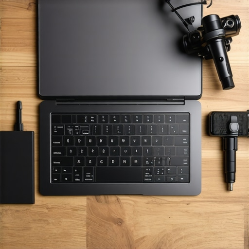 A professional creator laptop setup featuring external storage, audio gear, and color calibration tools for long-term maintenance.