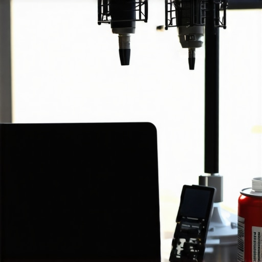 Professional Creator Laptop Maintenance and Setup High-end creator laptop with maintenance tools and podcasting equipment on a wooden desk.