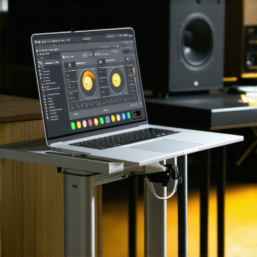 Professional Creator Laptop Monitoring Station Creator laptop on an aluminum stand showing temperature monitoring software in a studio