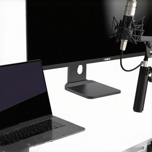 Professional Creator Laptop Scaling Setup A modern workstation showing a creator laptop connected to an external monitor and audio gear.