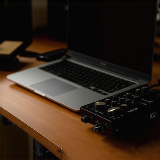 Professional Creator Laptop Setup for Audio Stability A high-end laptop on a cooling stand with a connected audio interface in a professional studio environment.