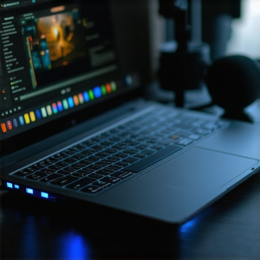 Professional Creator Laptop Setup with Cooling Pad A high-performance creator laptop on a cooling pad during a video editing session.