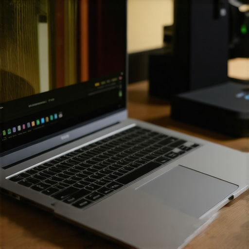 Professional Creator Laptop Setup with Thunderbolt Peripherals High-end laptop connected to external storage and a colorimeter for professional video editing maintenance.