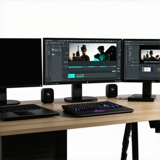 Professional Creator Laptop Studio Setup High-performance creator laptop connected to a docking station and external studio gear