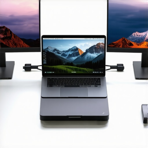 A modern laptop connected to a studio dock with monitors and audio equipment for high-end video editing and streaming.