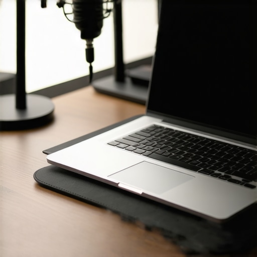 Professional Creator Laptop Workspace with Cooling Pad A modern laptop on a cooling pad in a professional studio setting for video editing and streaming.