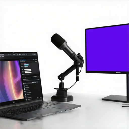 Professional Creator Laptop Workstation Setup High-end creator laptop with docking station and external peripherals for professional video editing and podcasting.