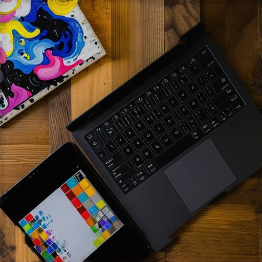 Professional Creator Laptop and Drawing Tablet Setup A professional workstation featuring a creator laptop and drawing tablet for high-resolution digital painting.