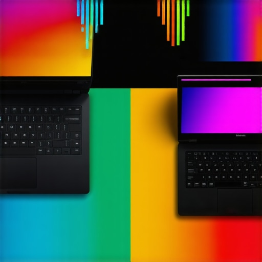 Professional Creator Laptop vs Gaming Laptop Comparison Side-by-side view of a pro design laptop with accurate colors and a gaming laptop with inaccurate saturation.