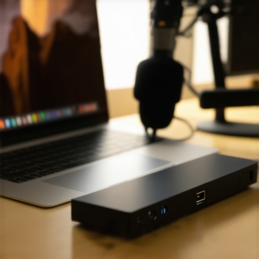Professional Creator Studio Setup with Laptop and Dock A professional laptop setup featuring external docks and audio equipment for long-term maintenance and performance.