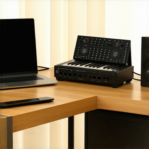 A high-end creator laptop setup with external hardware for audio and storage.