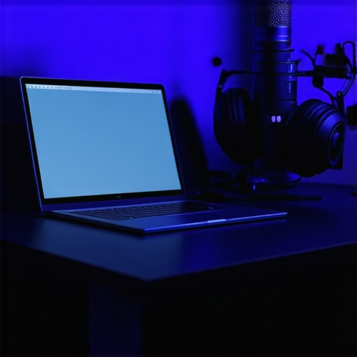 Professional Creator Workspace and Silent Studio Setup A quiet professional studio featuring a creator laptop and audio equipment.
