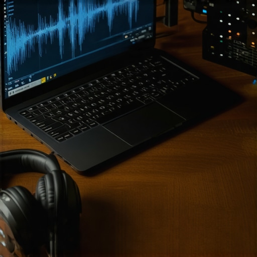 A high-end laptop and audio gear setup for professional content creation.