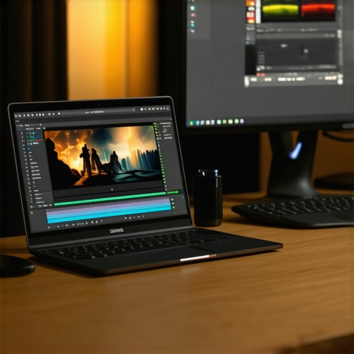 Professional Creator Workspace with Color Accurate Setup A high-end laptop and color-accurate monitor used for professional video editing and design work.