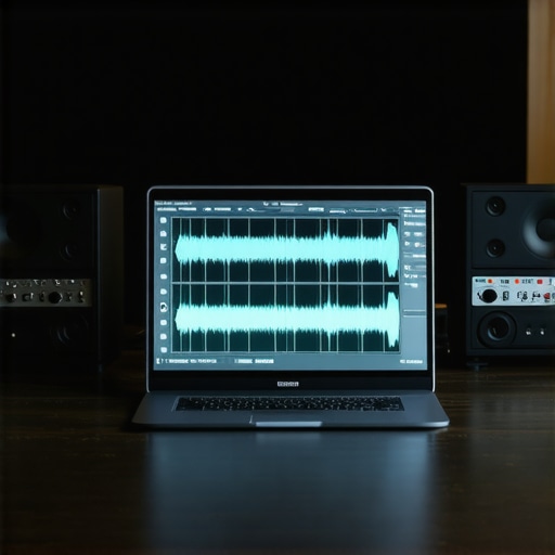 A professional setup for audio and video editing featuring a creator laptop and external interface.