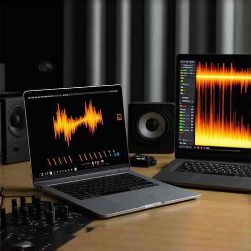 Professional Creator Workspace with Thermal Management A high-end creator laptop setup with focus on cooling and professional audio equipment.