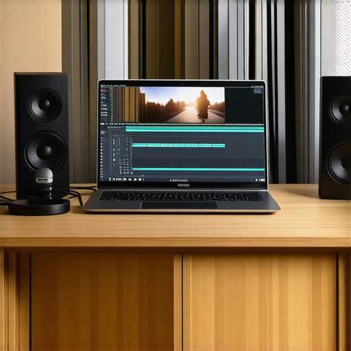 A professional creator laptop connected to audio and video peripherals in a studio environment.