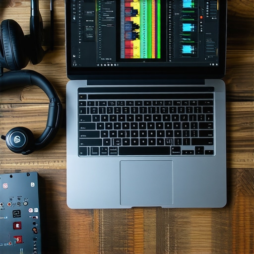 Professional Creator Workstation Nuances A high-end creator workstation featuring a laptop, audio interface, and professional editing software.
