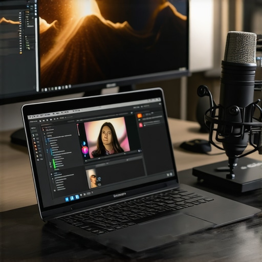 Optimized workspace with high-end creator laptop and external cooling setup.