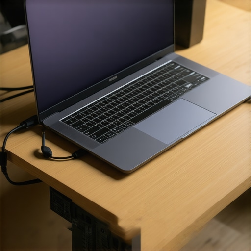 Professional Designer Laptop Setup with Thunderbolt Docking A high-performance design laptop connected to a Thunderbolt 4 dock and cooling pad on a studio desk.