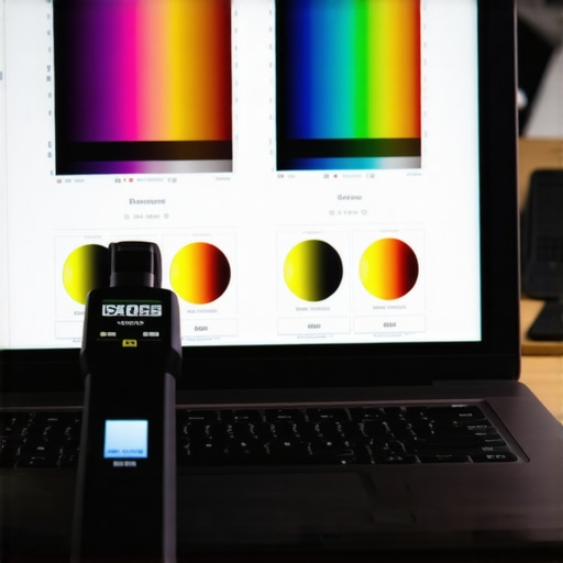 Professional Display Calibration Process Professional color calibration tool on a laptop screen showing Delta E accuracy charts.