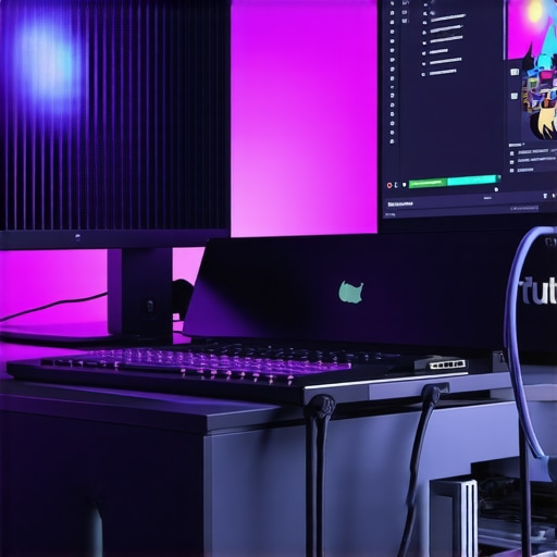 Professional Dual Monitor Laptop Streaming Setup Close-up of a laptop connected to a docking station for a dual-monitor streaming setup.