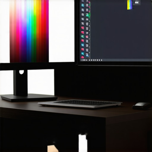 Professional Dual-Screen Color Calibration Setup A side-by-side laptop and external monitor displaying color calibration bars in a professional editing workspace.