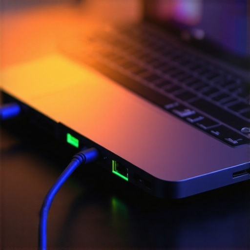 Close up of an Ethernet cable plugged into a laptop for stable dual-stream networking.