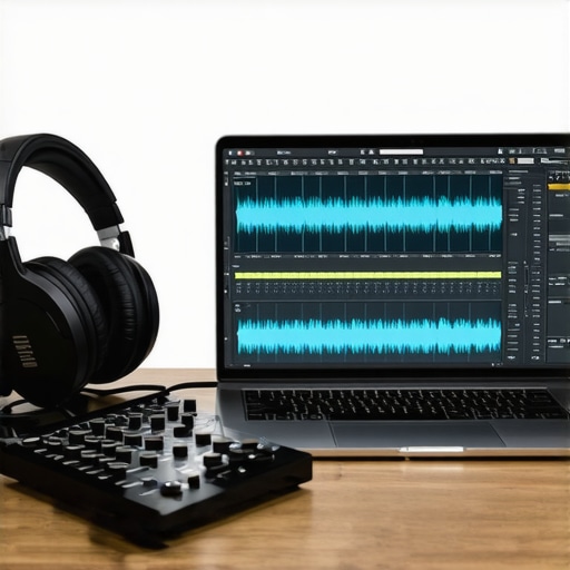 Close up of a laptop running a digital audio workstation with external audio hardware.