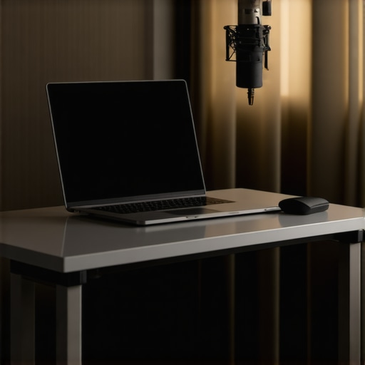 Professional Laptop Audio Setup A professional creator setup featuring a laptop on an ergonomic stand with an external audio interface for clean recording.