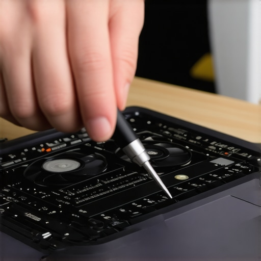 Professional Laptop Cleaning and Maintenance Person cleaning dust from a high-end laptop cooling system with compressed air