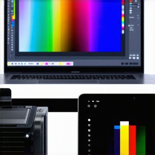 Professional Laptop Color Calibration Process A close-up of a colorimeter calibrating a laptop screen for creative design work