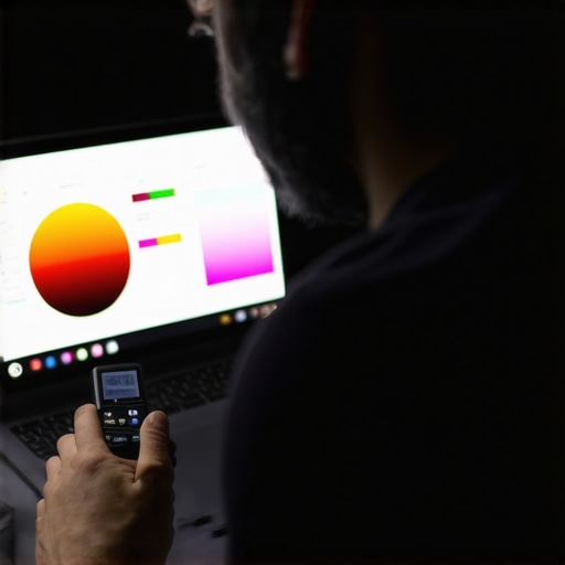 Professional Laptop Color Calibration A close-up of a color calibration tool being used on a creator laptop to ensure NTSC color accuracy.