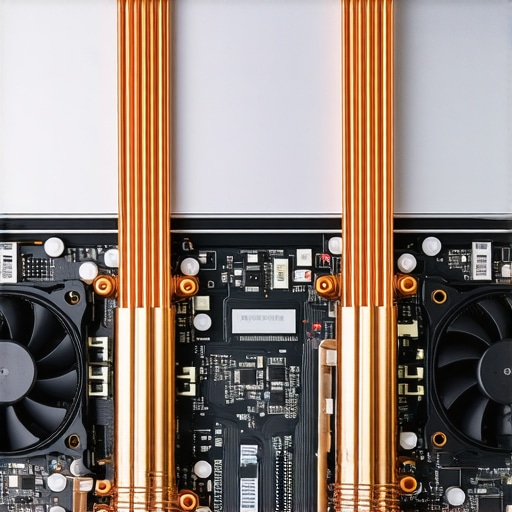 Macro view of laptop copper heat pipes and cooling fans used for thermal management in creative workstations.