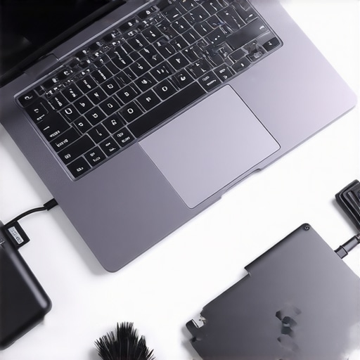 A high-performance creator laptop on a cooling pad with external storage and cleaning tools for maintenance.
