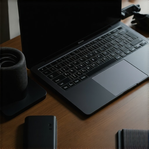 Professional Laptop Maintenance Setup A laptop on a cooling pad with cleaning tools for professional maintenance.