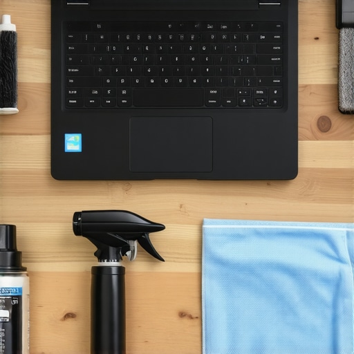 Professional Laptop Maintenance Setup Creator laptop maintenance tools including compressed air and cleaning cloths on a desk