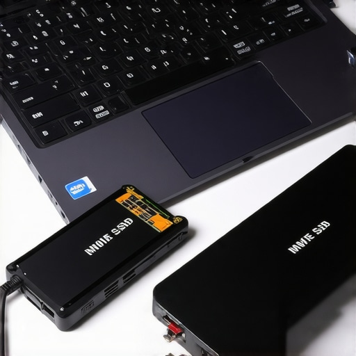 A creator calibrating their laptop screen next to external storage tools.