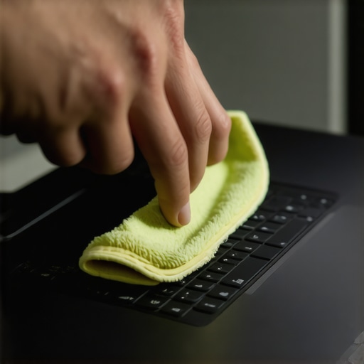 Professional Laptop Maintenance and Cleaning A person cleaning a creator laptop vents with compressed air and a microfiber cloth.