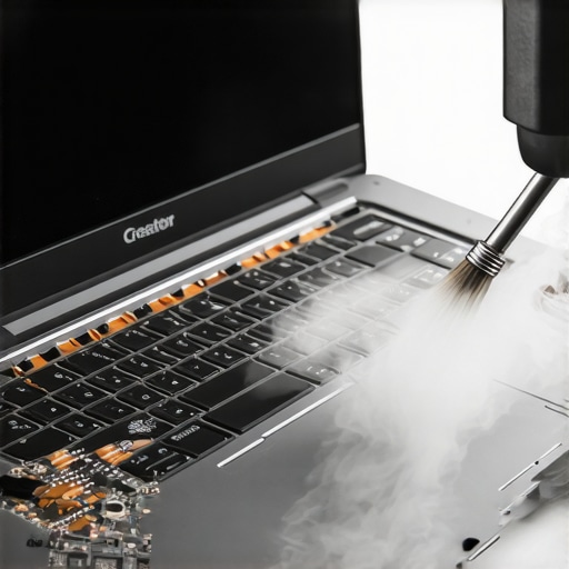 Professional Laptop Maintenance and Cleaning Technician cleaning the cooling system of a high-end creator laptop to prevent thermal throttling.