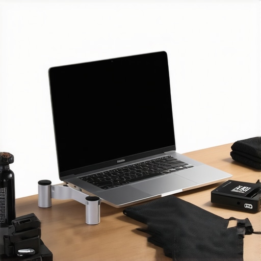 Professional Laptop Maintenance and External Storage Setup A clean workstation showing a laptop on a cooling stand with external drives and cleaning supplies for professional maintenance.
