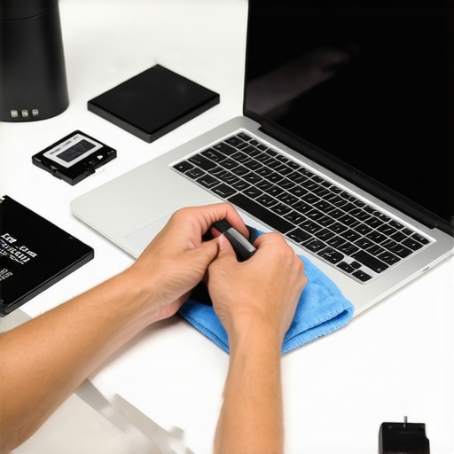 A creator maintaining a high-end laptop with external peripherals