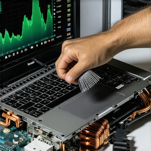 Professional Laptop Maintenance and Performance Monitoring Close-up of laptop internal cleaning and system performance software graph