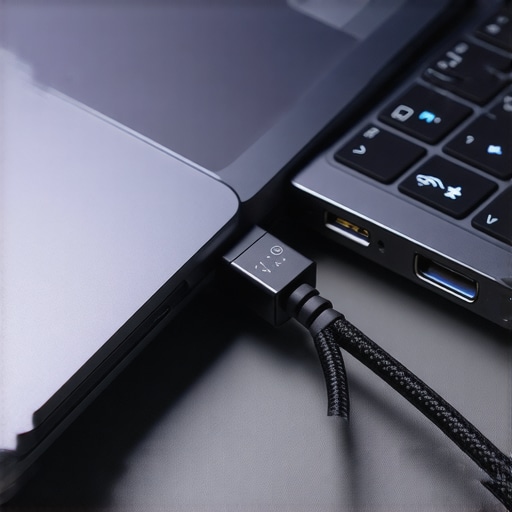 Professional Laptop Port Connectivity for Mobile Creators High-end laptop ports showing Thunderbolt and USB-C connections for professional audio and video gear.